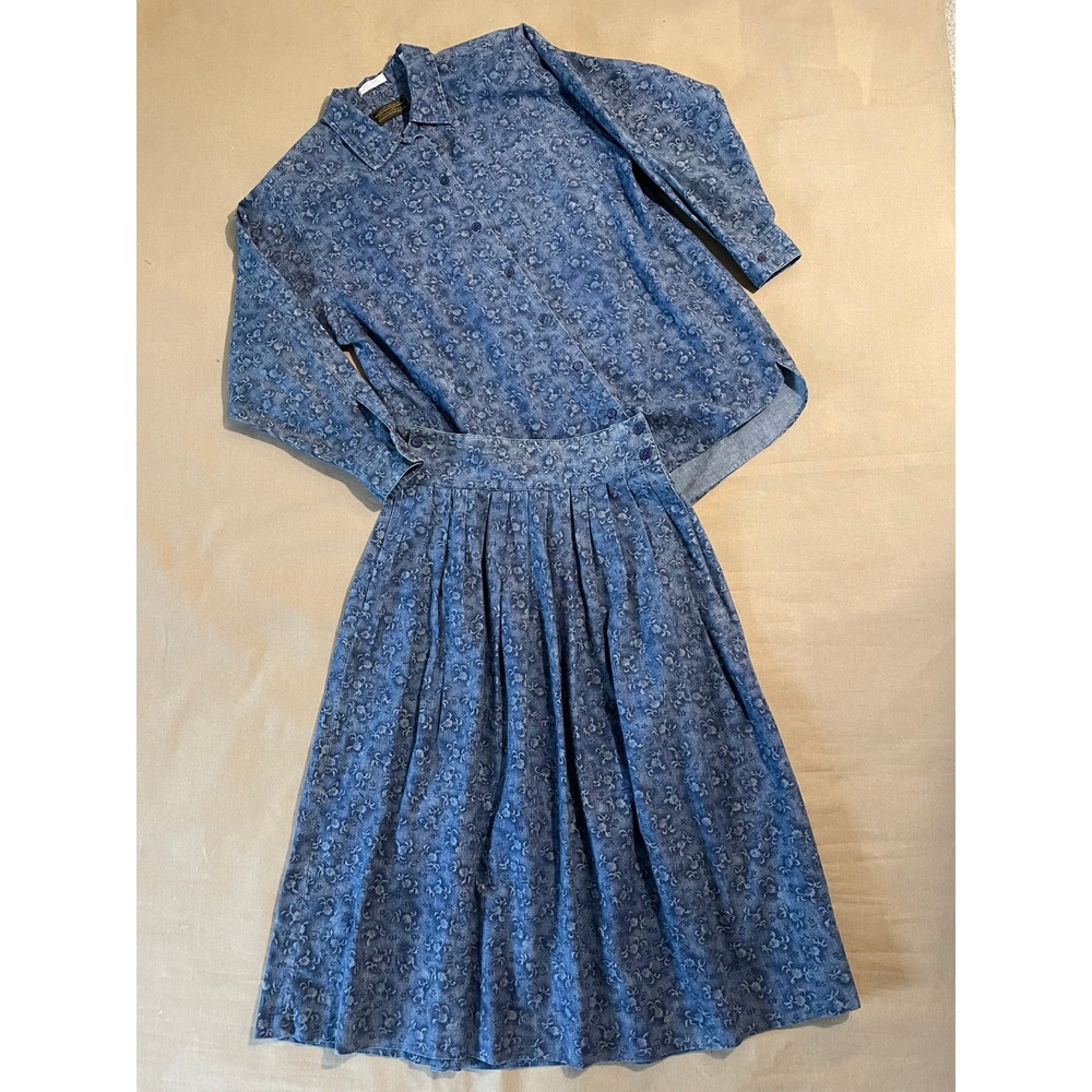 Vintage 90s Eddie Bauer Skirt Top Set Size 8/10 Blue Calico Denim Prairie Modest